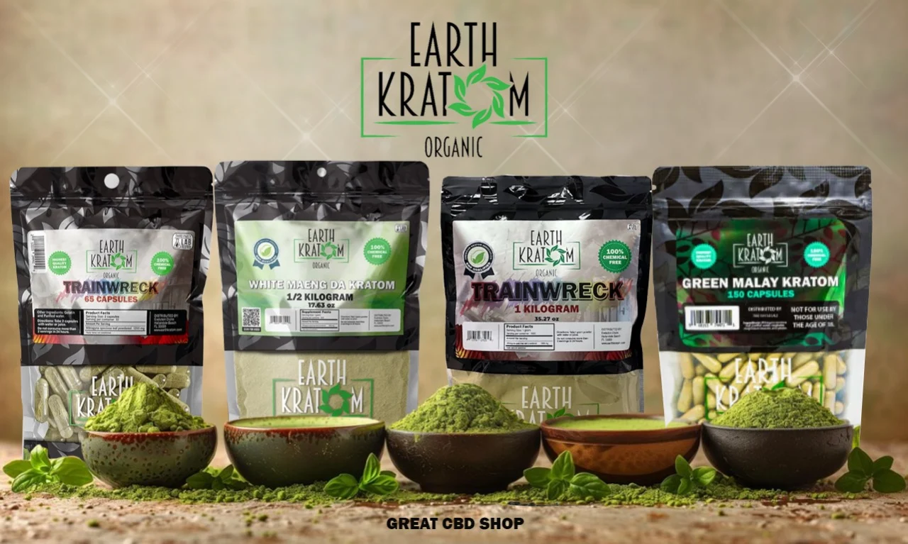 Earth Kratom organic powder and capsule products display showing various strain options and Trainwreck blend
